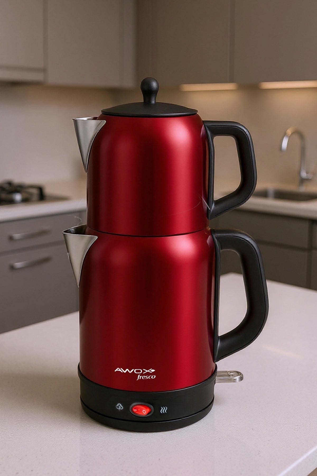 Awox Fresco 2si 1 Arada Paslanmaz Çelik Çay Makinesi & Su Isıtıcı Kettle Kırmızı
