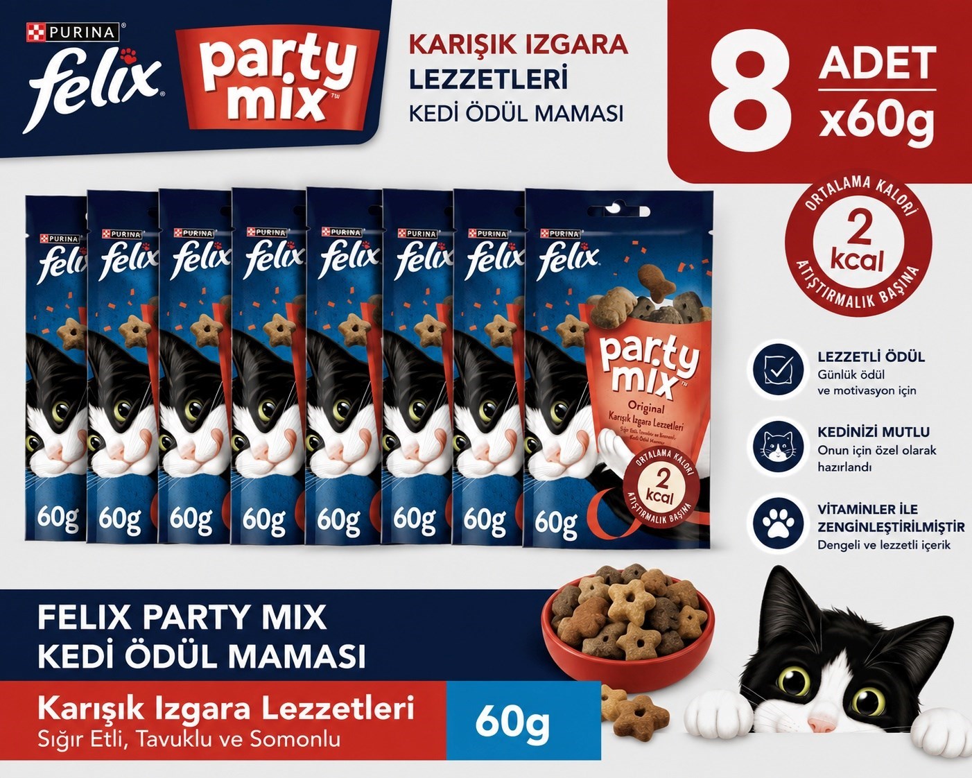 Felix Party Mix Karışık Izgara Lezzetleri Kedi Ödül Maması 8x60gr