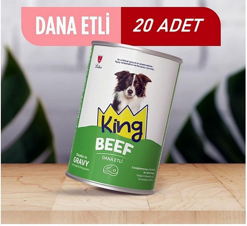 King Sos İçerisinde Et Parçacıklı Dana Etli Köpek Konservesi 400 Gr*20 ADET