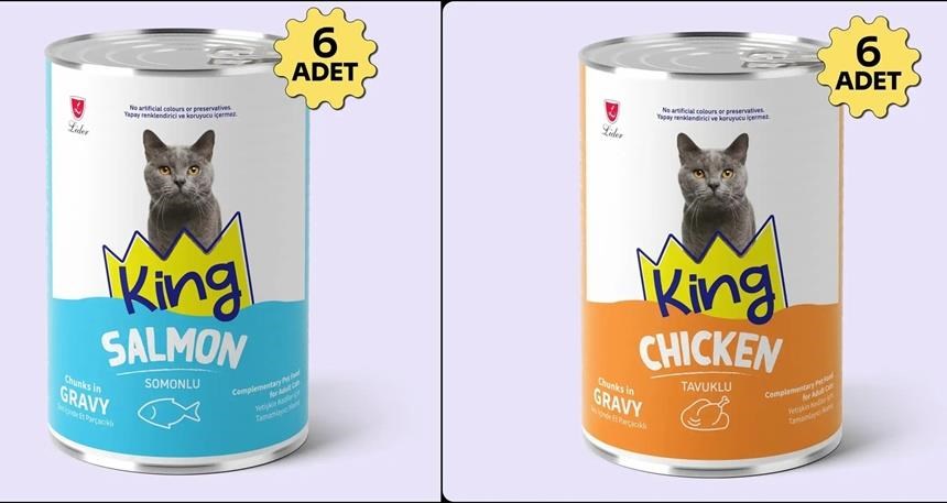 King Sos İçerisinde Et Parçacıklı Tavuklu ve Somonlu Kedi Konservesi 400 Gr*12 Adet