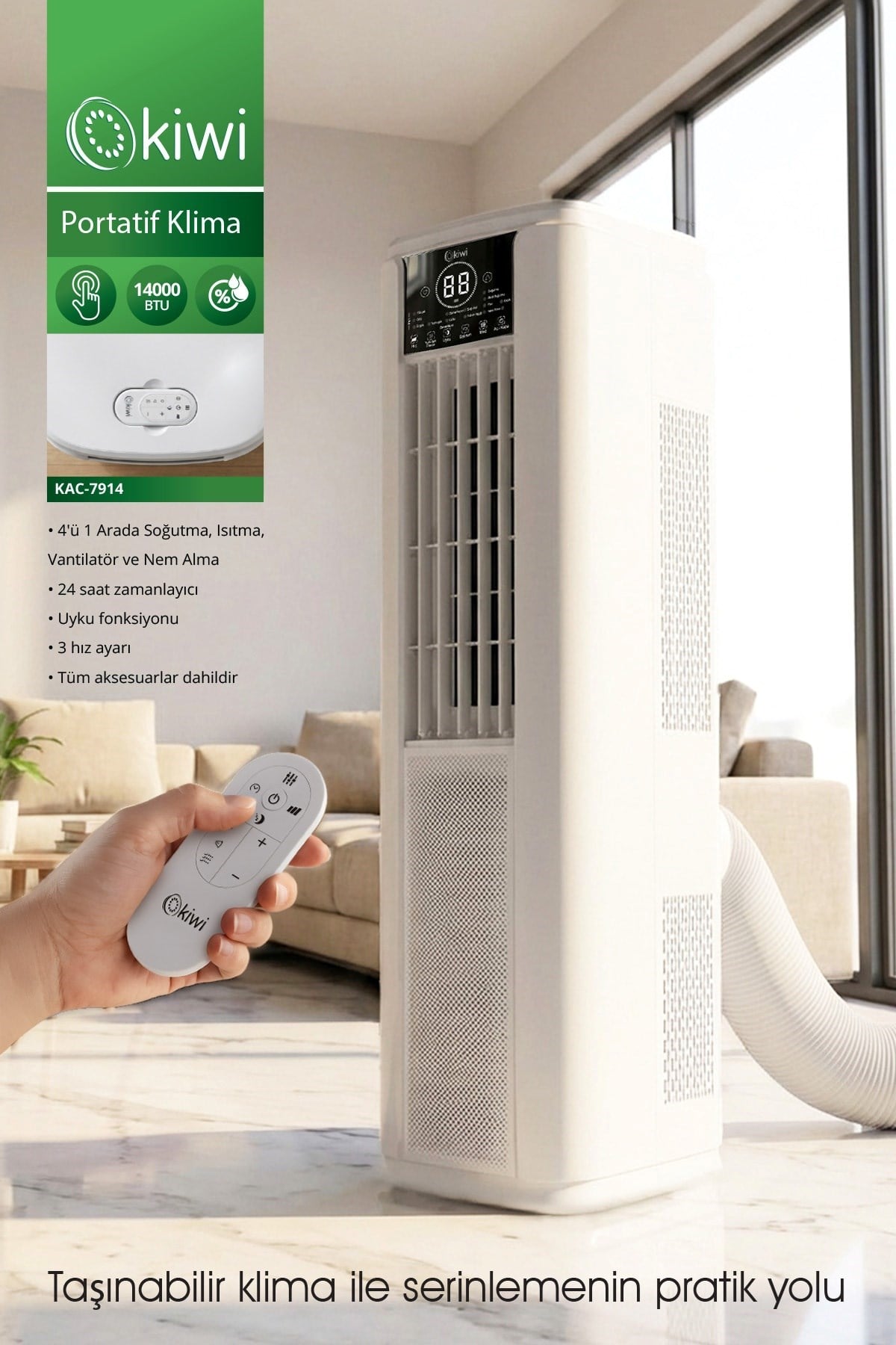Kiwi KAC-7914 Portatif Kurulum Gerektirmeyen Klima 14000 BTU & 4 Fonksiyon & 35–50 m² Etki Alanı