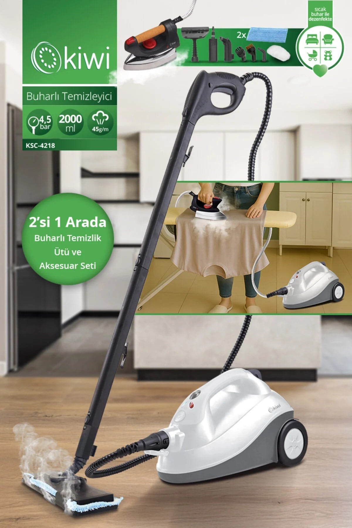 Kiwi KSC 4218 Kazanlı Ütüye Dönüşebilen Buharlı Temizlik Makinası 2000W ml,15 Aksesuar