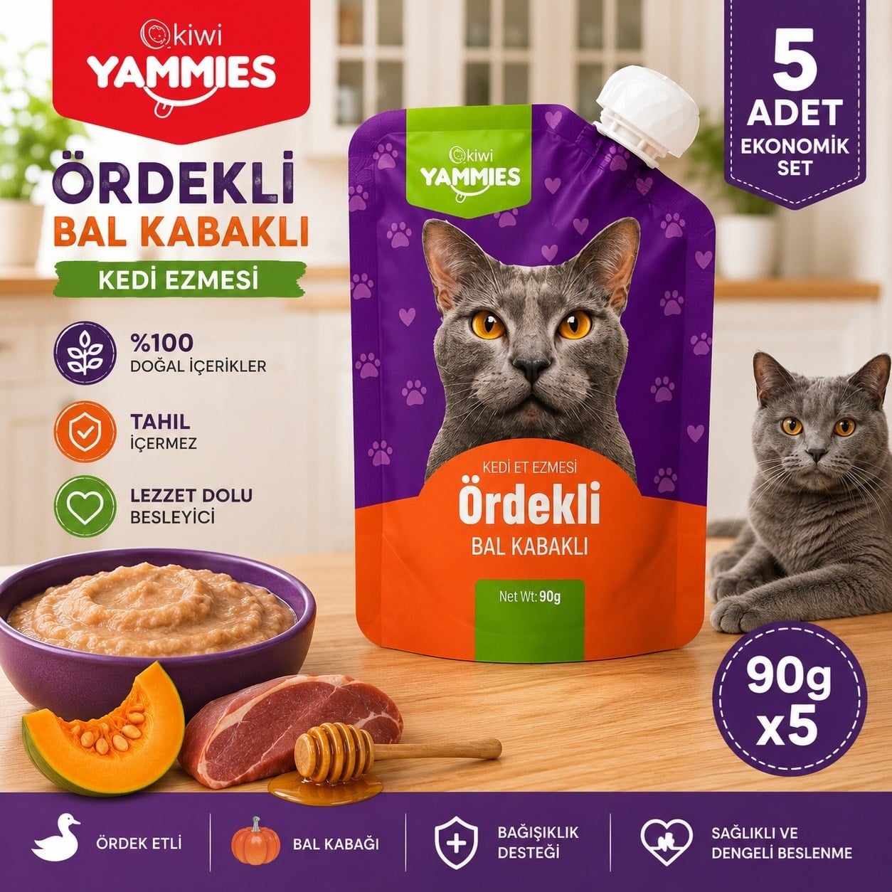 Kiwi Pets Kycc-50370 Yammies Ördekli Bal Kabaklı Kedi Ezmesi 90 Gr*5 Adet