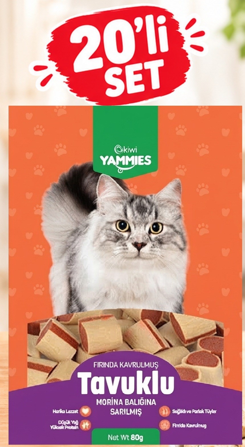 Kiwi Pets Kyct-50354 Yammies Tavuklu Morina Balığına Sarılmış Kedi Ödül Maması  80 gr 20Lİ SET