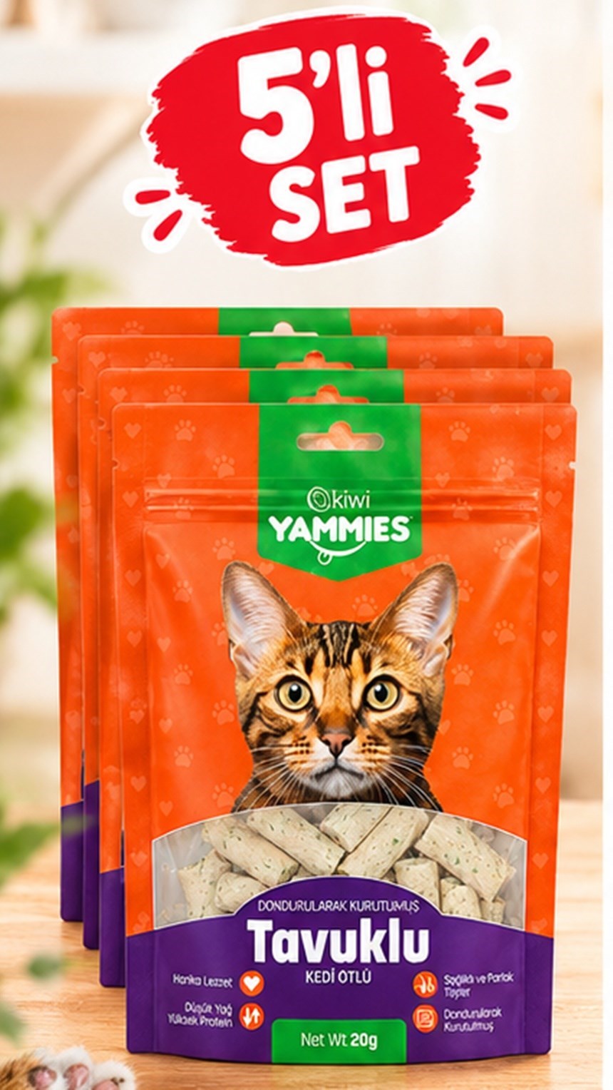 Kiwi Pets Kyct-50355 Yammies Dondurularak Kurutulmuş Tavuklu Kedi Otlu Mama 20 Gr 5Lİ SET