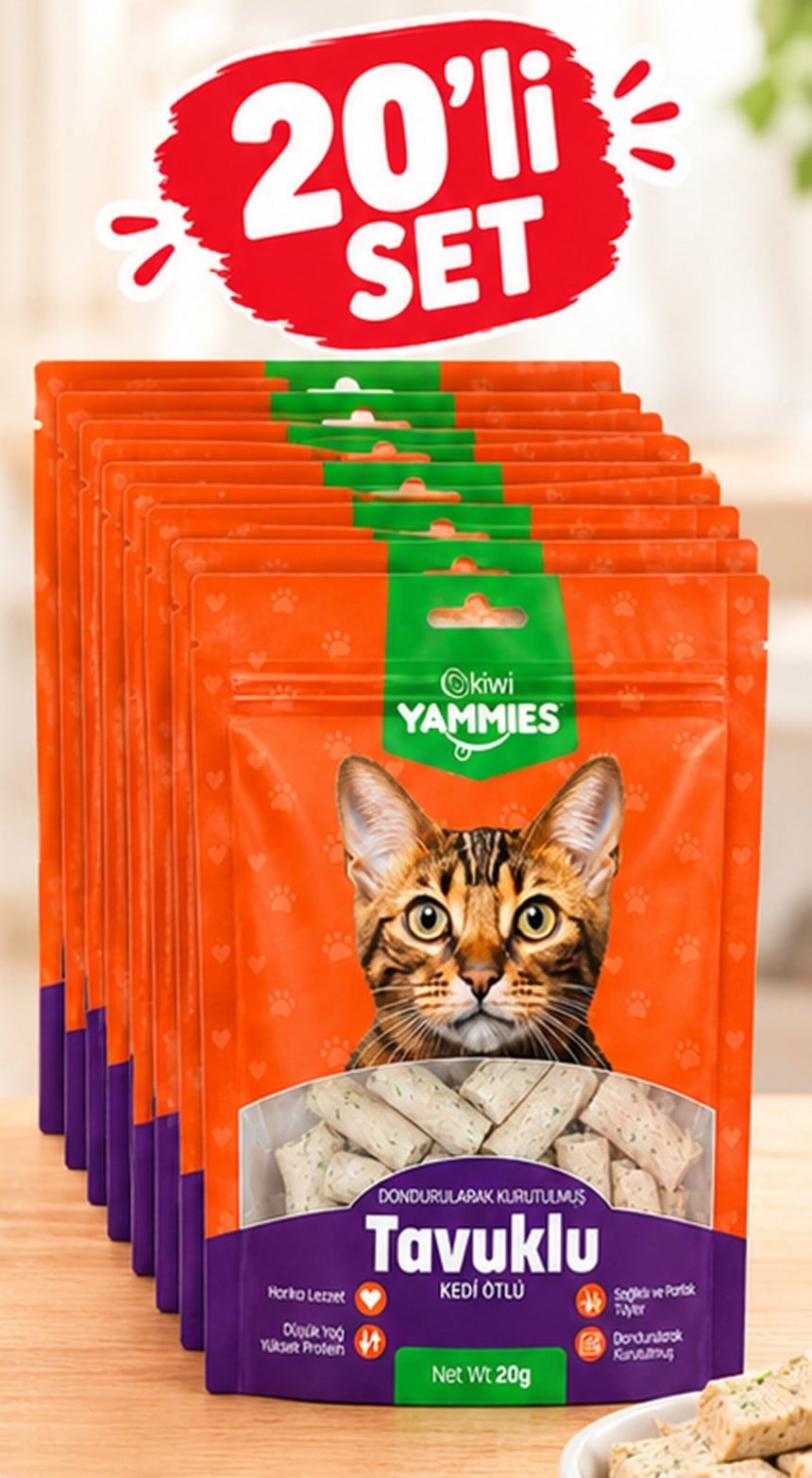 Kiwi Pets Kyct-50355 Yammies Dondurularak Kurutulmuş Tavuklu Kedi Otlu Mama 20 Gr 20Lİ SET