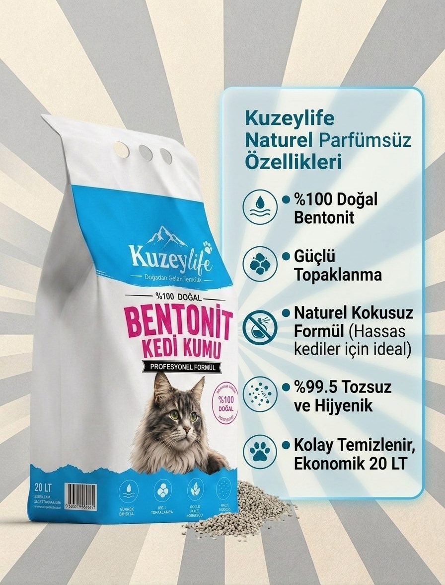 Kuzeylife Bentonit Kedi Kumu Naturel Parfümsüz 20 Lt