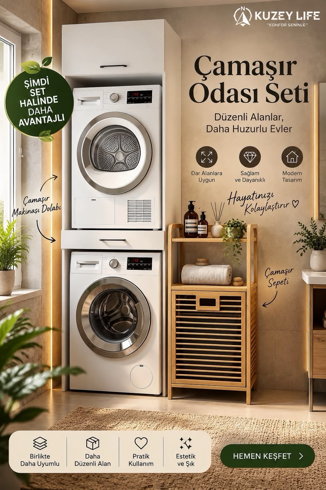Kuzeylife Çamaşır Kurutma Makinesi Dolabı ve Bambu Kirli Sepetli Banyo Düzenleyici 2'li Set