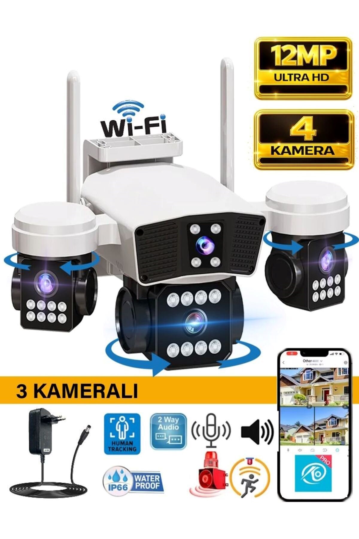 O-KAM OK-206W Wifi 12MP 4 Lens AOV Sirenli Gece Görüş Sesli Güvenlik Kamerası Kişi Takibi Adaptörlü