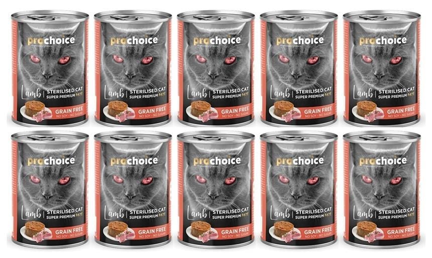 Pro Choice Kısırlaştırılmış Kuzu Etli Sekersiz Tahilsiz Ezme Yetiskin Kedi Konservesi 400gr*10 ADET