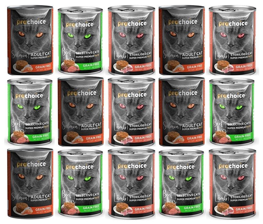 Pro Choice Somon-Kuzu-Biftek Aromalı Karışık Yetiskin Kedi Konservesi 400gr*15 Adet