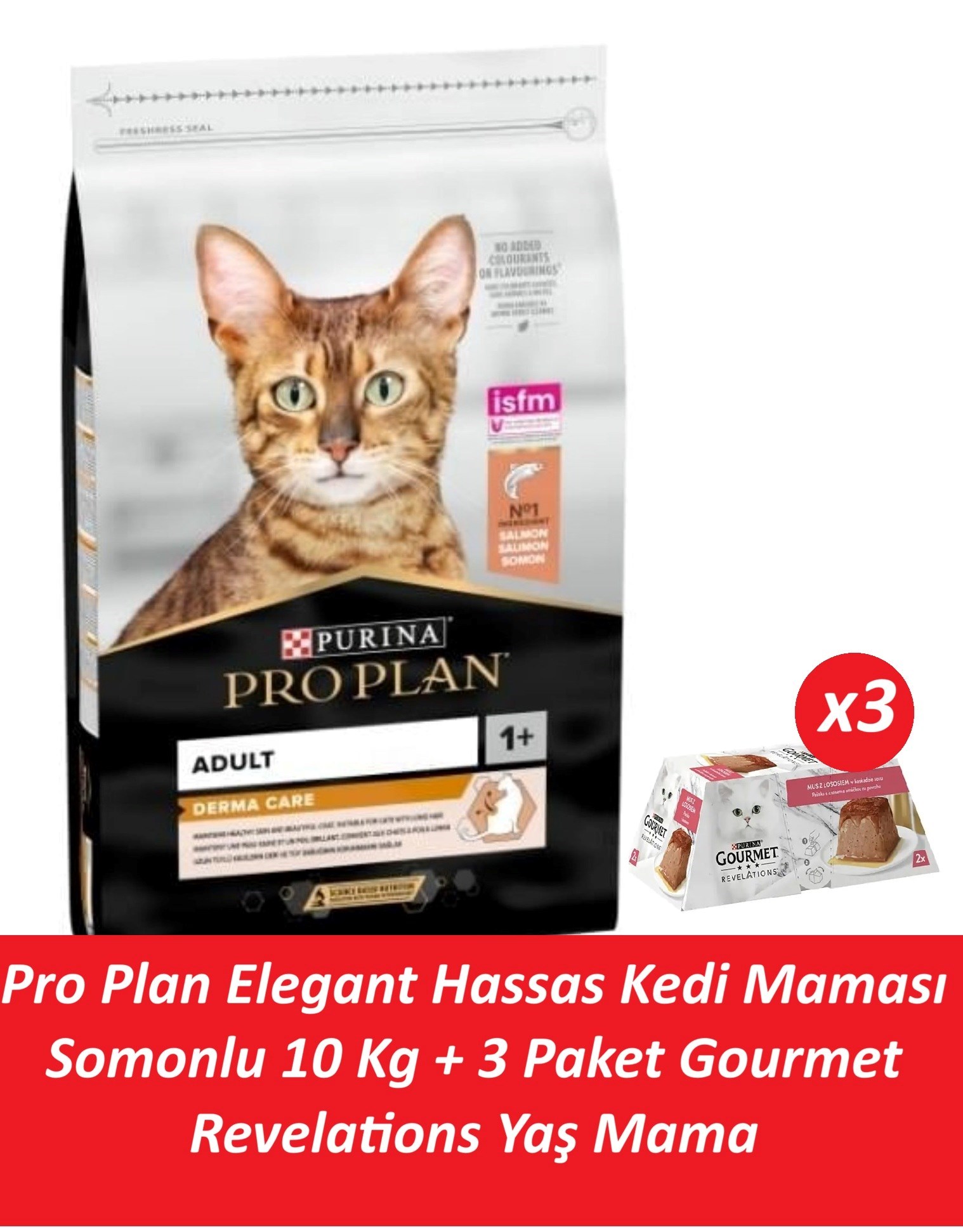 Pro Plan Elegant Kedi Maması Hassas Somonlu 10 Kg + 3 Adet Gourmet Somonlu Yaş Mama