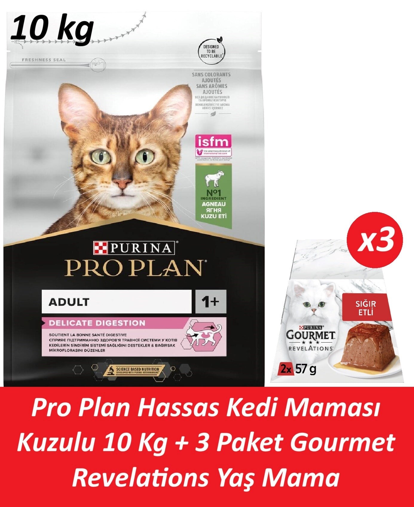 Pro Plan Hassas Kedi Maması Kuzulu 10 Kg + 3 Adet Gourmet Sığır Etli Yaş Mama