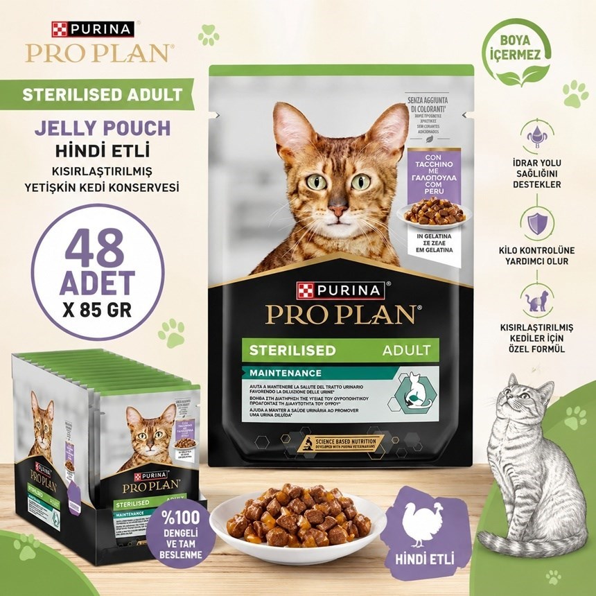 Pro Plan Jelly Pouch Hindi Etli Kısırlaştırılmış Yetişkin Kedi Konservesi 85 gr 48li SET