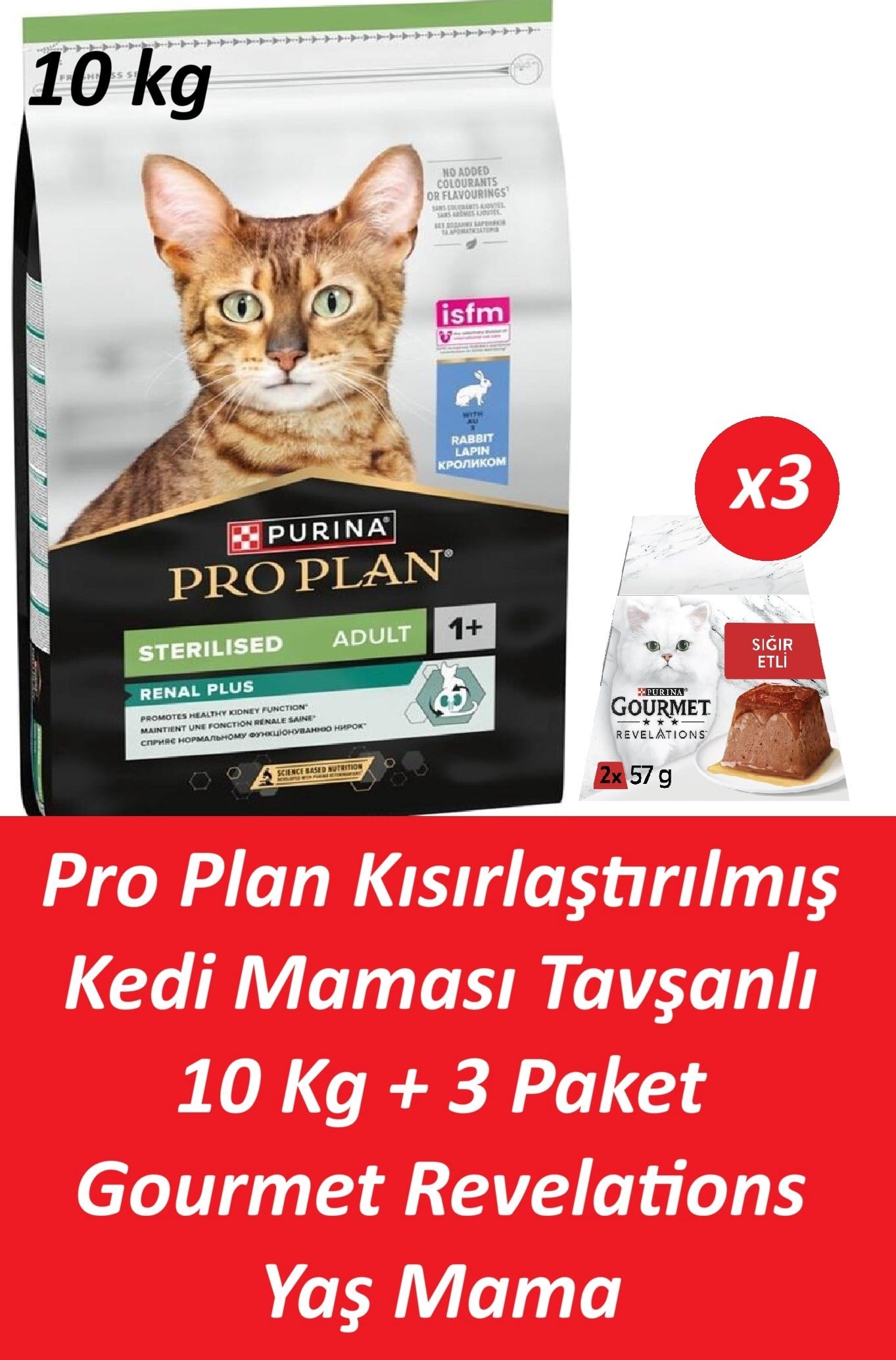 Pro Plan Kısırlaştırılmış Kedi Maması Tavşanlı 10 Kg + 3 Adet Gourmet Sığır Etli Yaş Mama