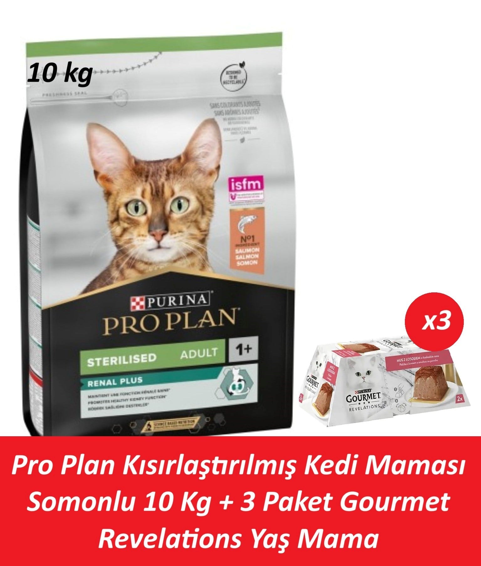 Pro Plan Kısırlaştırılmış Kedi Maması Somonlu 10 Kg + 3 Adet Gourmet Somonlu Yaş Mama