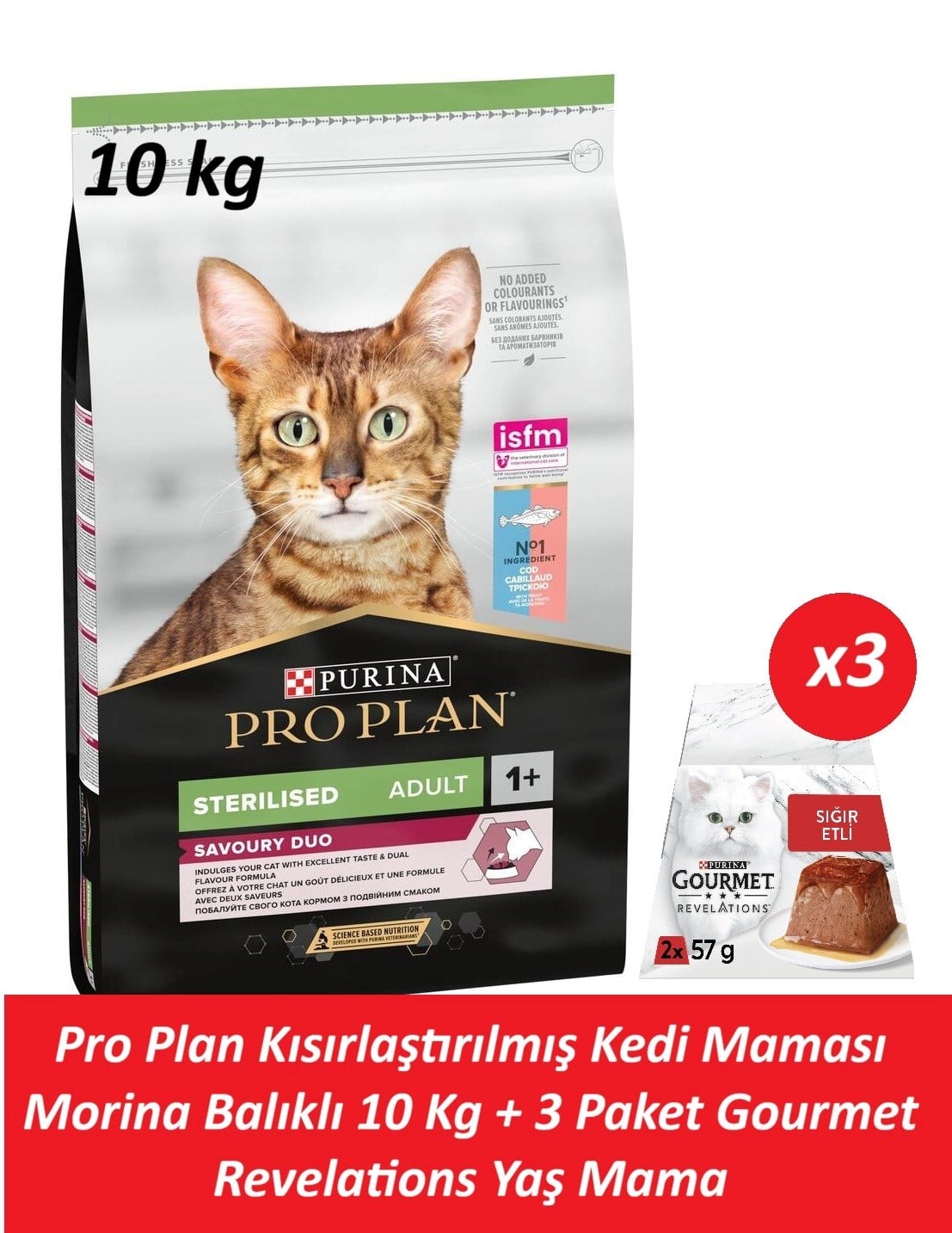 Pro Plan Kısırlaştırılmış Kedi Maması Morina Balıklı 10 Kg + 3 Adet Gourmet Sığır Etli Yaş Mama