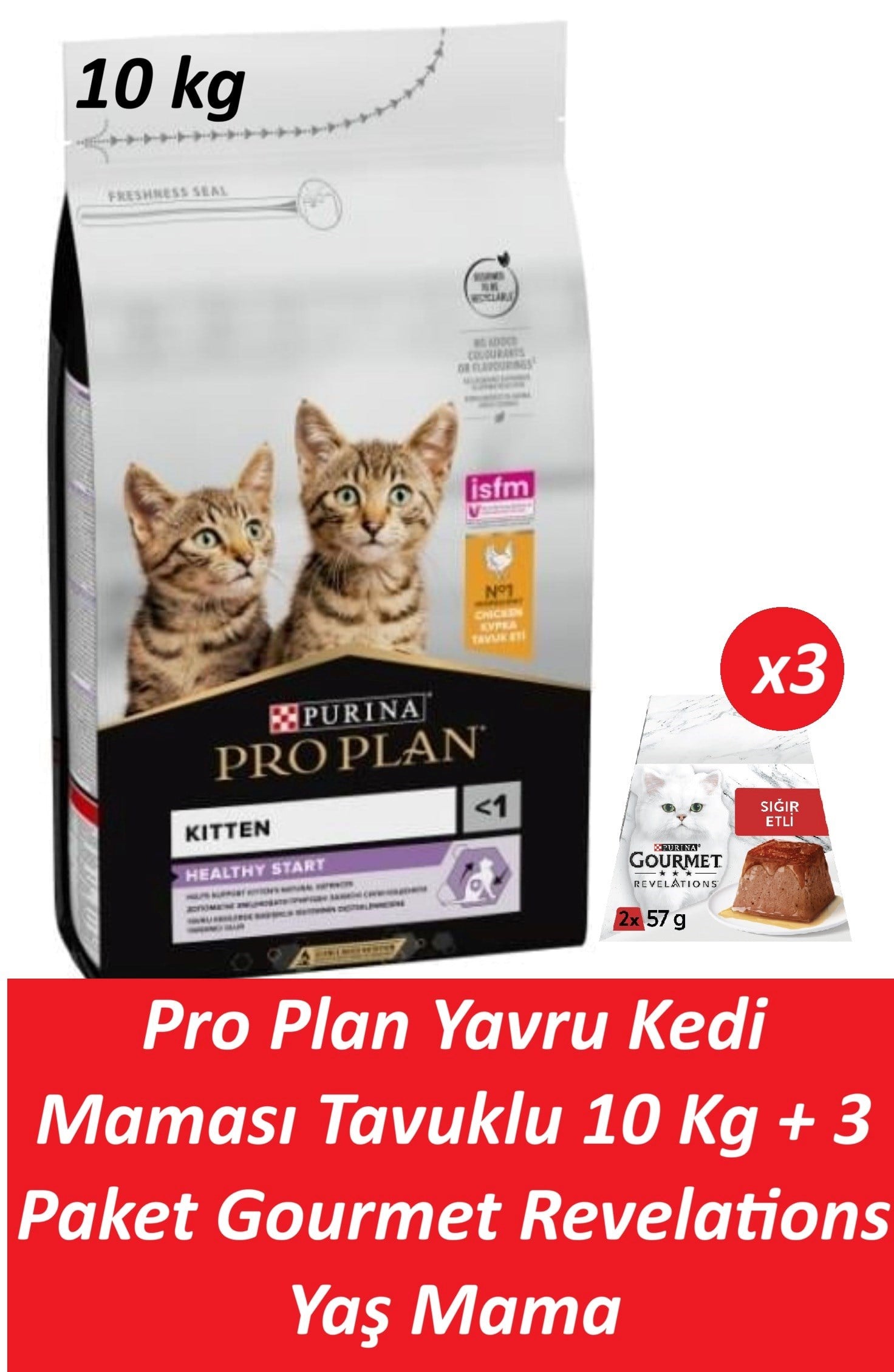 Pro Plan Yavru Kedi Maması Tavuklu 10 Kg + 3 Adet Gourmet Sığır Etli Yaş Mama