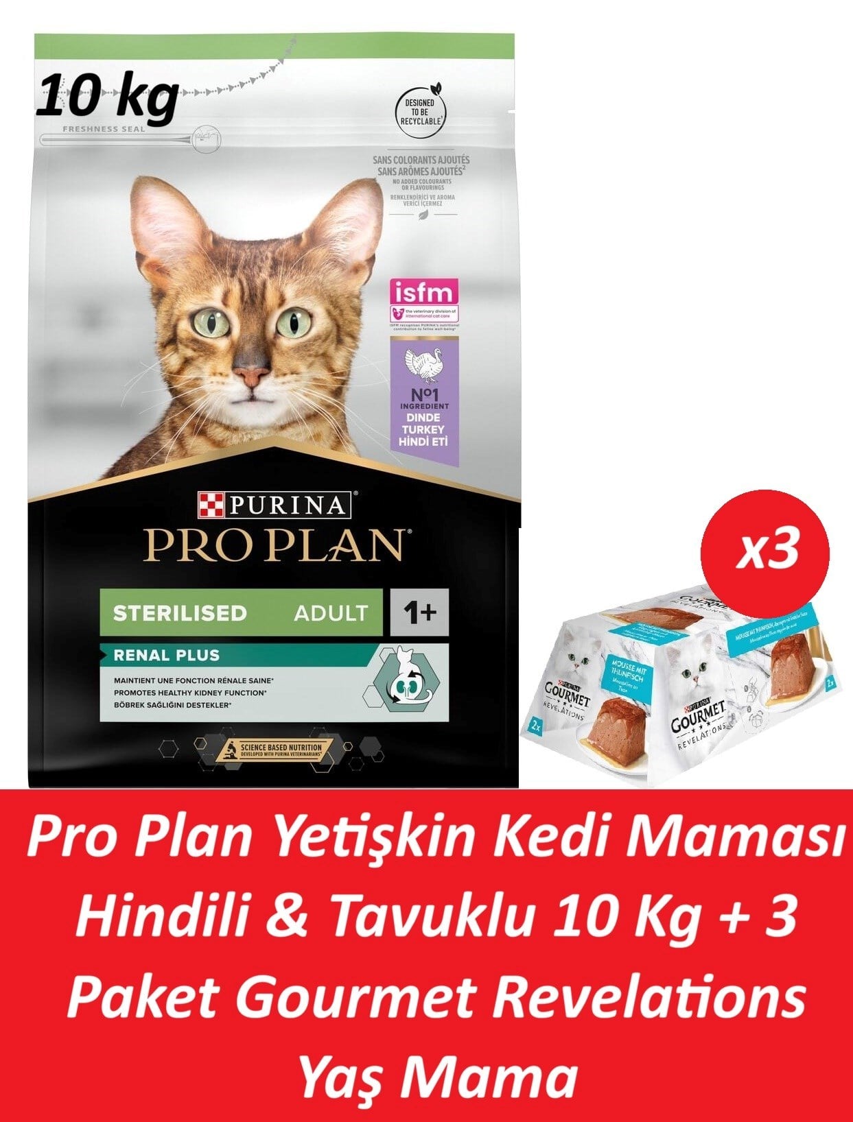 Pro Plan Yetişkin Kedi Maması Hindili & Tavuklu 10 Kg + 3 Adet Gourmet Ton Balıklı Yaş Mama