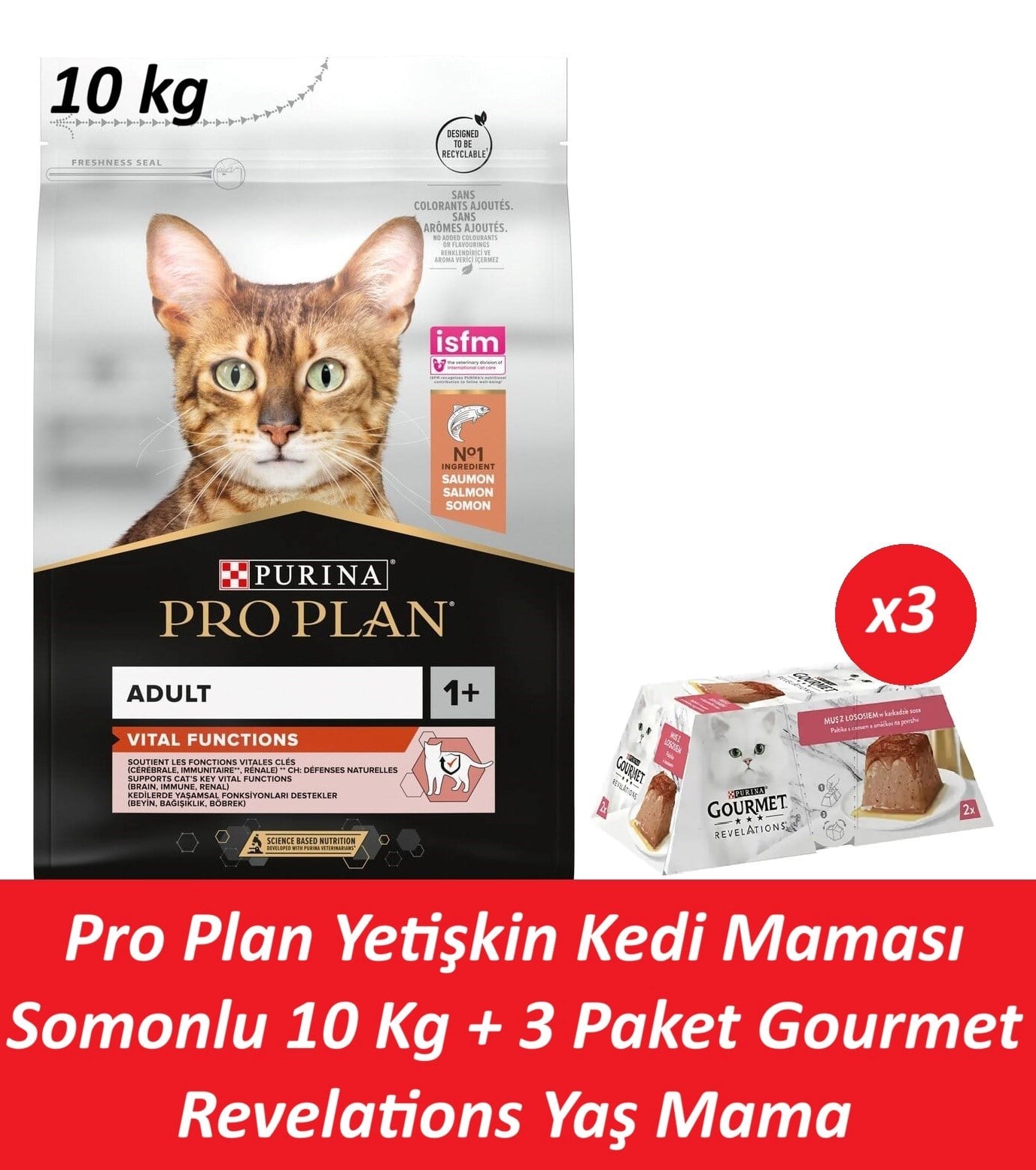 Pro Plan Yetişkin Kedi Maması Somonlu 10 Kg + 3 Adet Gourmet Somonlu Yaş Mama