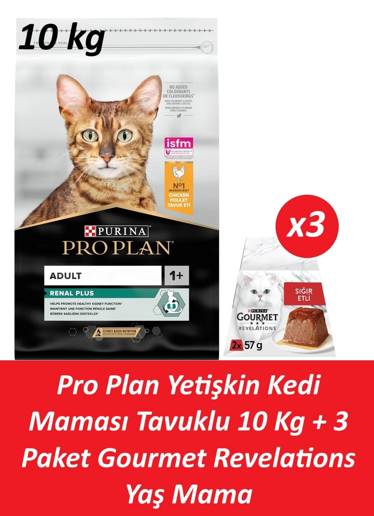 Pro Plan Yetişkin Kedi Maması Tavuklu 10 Kg + 3 Adet Gourmet Sığır Etli Yaş Mama