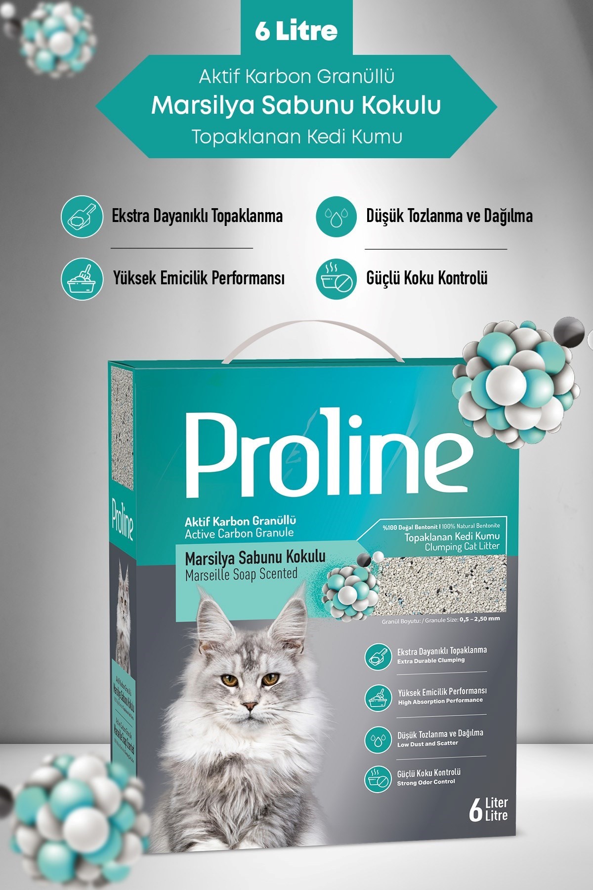 Proline Aktif Karbon Granüllü Marsilya Sabunu Kokulu Bentonit Kedi Kumu 6 Lt