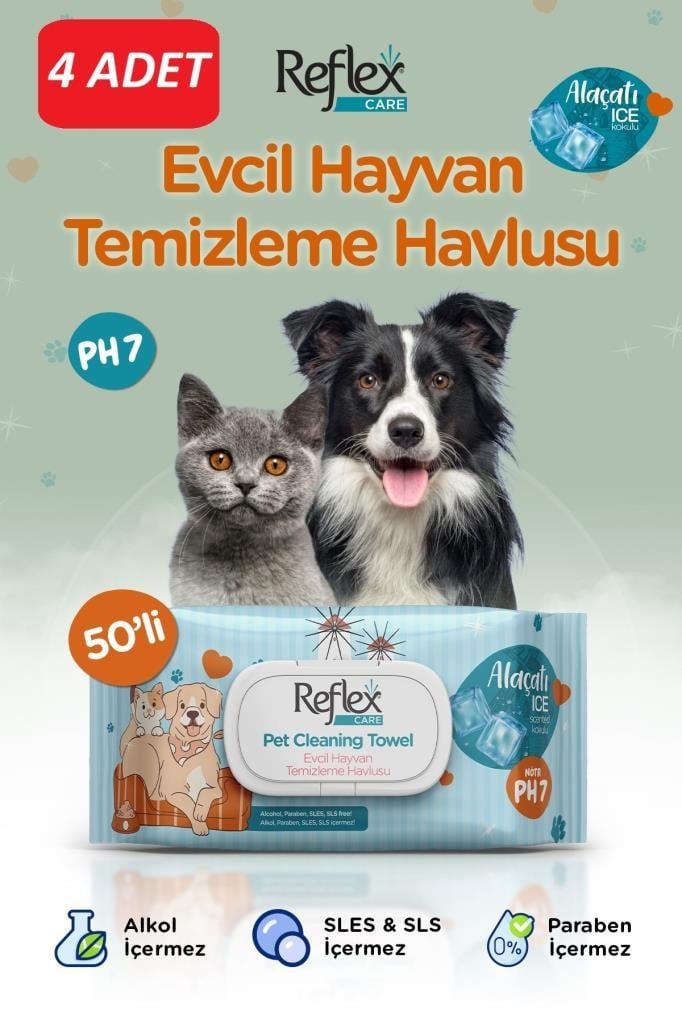 Reflex Care Alaçatı Ice Kokulu Kedi ve Köpekler için Çok Amaçlı Temizleme Mendili*4 PAKET