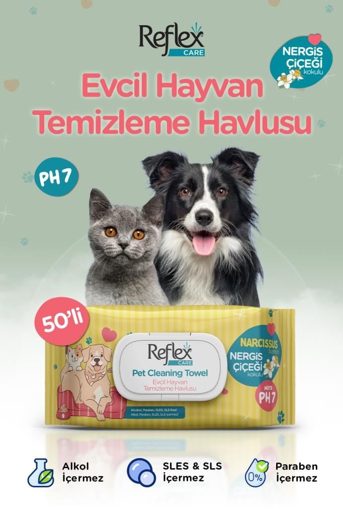 REFLEX CARE EVCİL HAYVANLAR İÇİN ÇOK AMAÇLI HİJYENİK TEMİZLEME HAVLUSU 50'Lİ - NERGİS ÇİÇEĞİ KOKULU