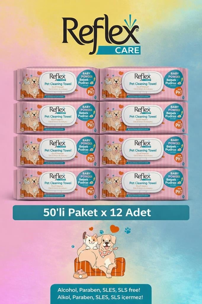 REFLEX Care Evcil Hayvanlar İçin Çok Amaçlı Hijyenik Temizleme Mendili 50'li x 12 Adet