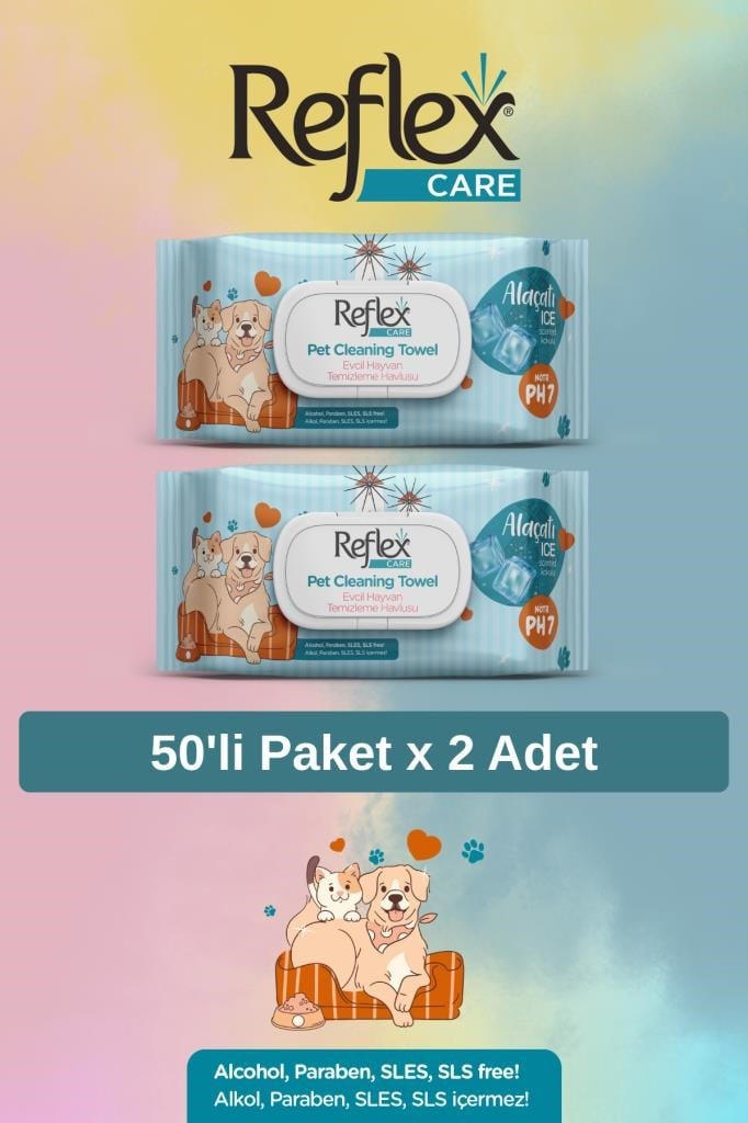 Reflex Care Evcil Hayvanlar için Çok Amaçlı Hijyenik Temizleme Mendili 50'li x 2 Adet - Alaçatı Ice Kokulu