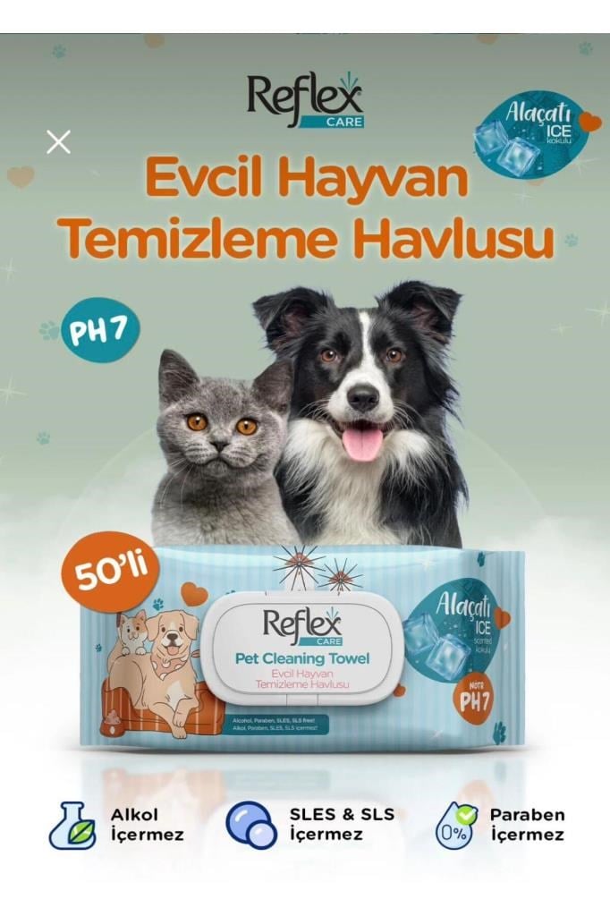 REFLEX CARE EVCİL HAYVANLAR İÇİN ÇOK AMAÇLI HİJYENİK TEMİZLEME HAVLUSU 50'Lİ - ALAÇATI ICE KOKULU