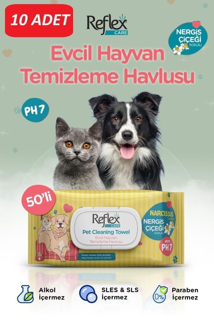 REFLEX CARE EVCİL HAYVANLAR İÇİN ÇOK AMAÇLI HİJYENİK TEMİZLEME HAVLUSU 50'Lİ - NERGİS ÇİÇEĞİ KOKULU*10 PAKET