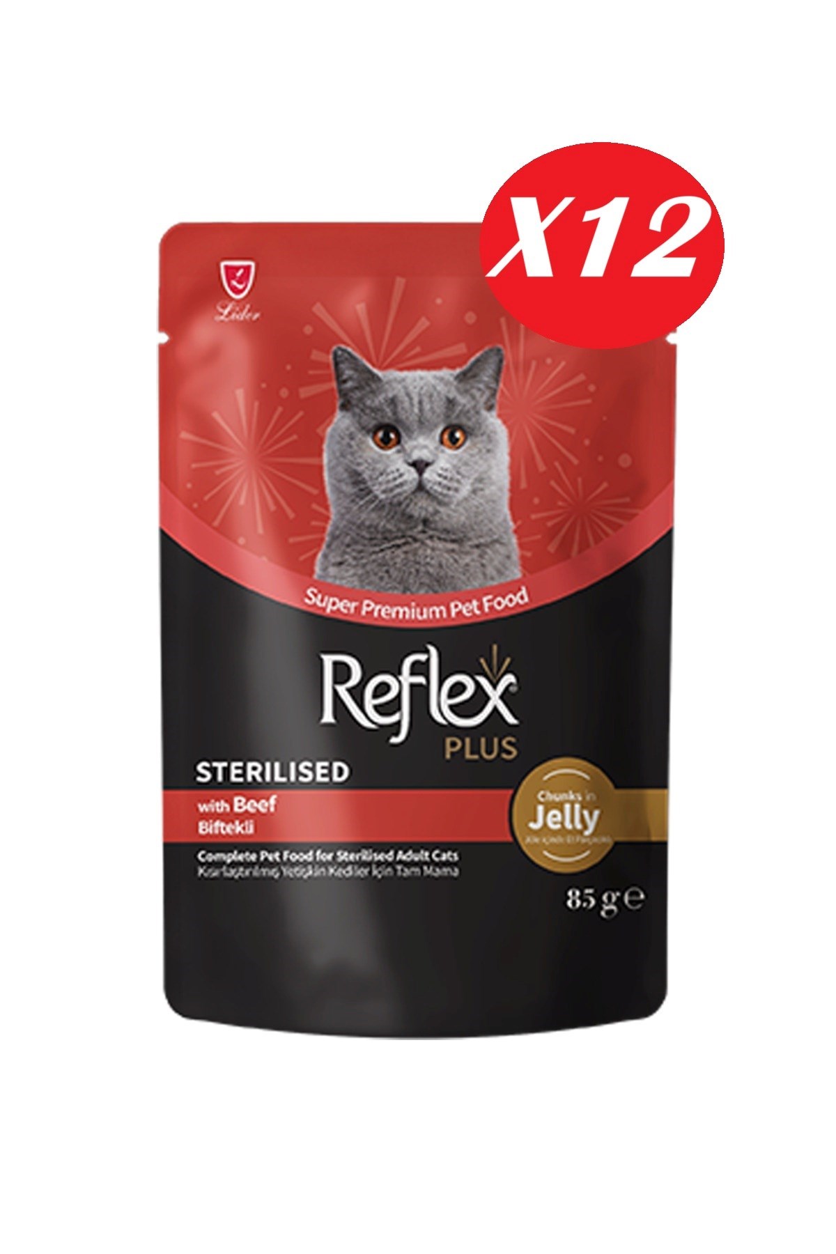 Reflex Plus Jöle İçinde Parça Biftek Etli Kısırlaştırılmış Kedi Yaş Maması 85 gr*12 Adet
