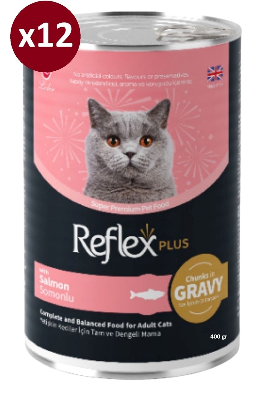 Reflex Plus Konserve Sos İçinde Et Parçacıklı Somonlu Yetişkin Kedi Maması 400 Gr*12 ADET