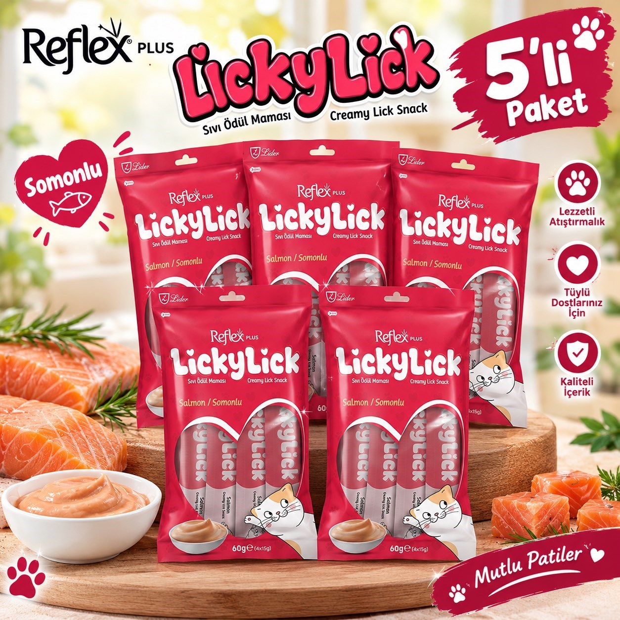 Reflex Plus LickyLick Somonlu Sıvı Ödül Maması 5li PAKET