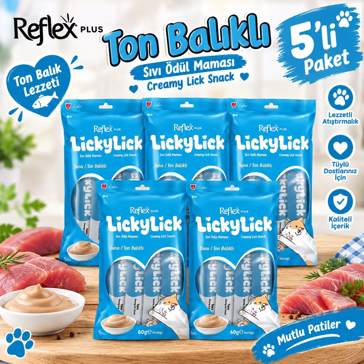 Reflex Plus LickyLick Tuna Balıklı Sıvı Ödül Maması  5li PAKET
