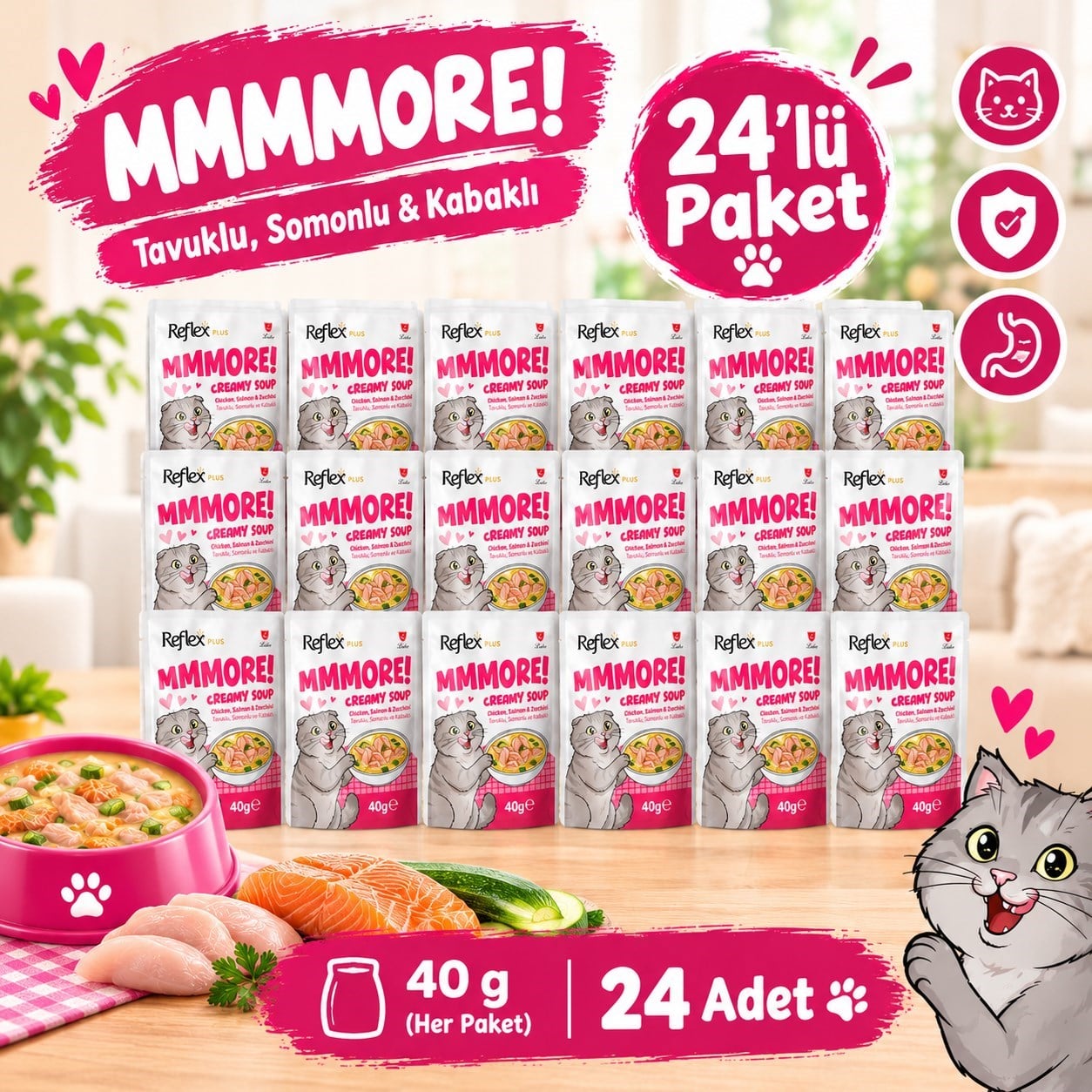Reflex Plus Mmore Tavuklu,Somonlu ve Kabaklı Kremalı Kedi Çorbası 40 Gr*24lü SET