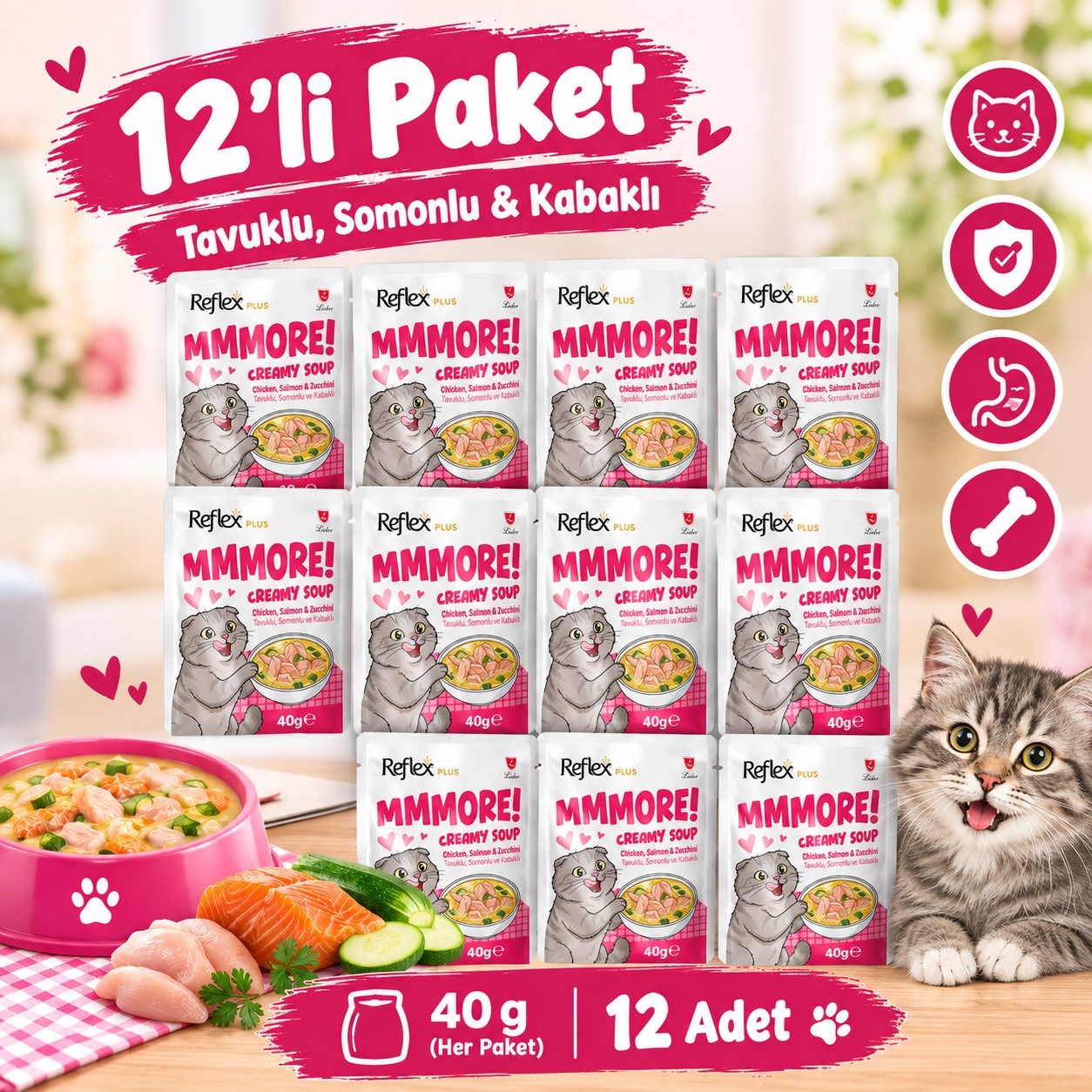 Reflex Plus Mmore Tavuklu,Somonlu ve Kabaklı Kremalı Kedi Çorbası 40 Gr*12li SET