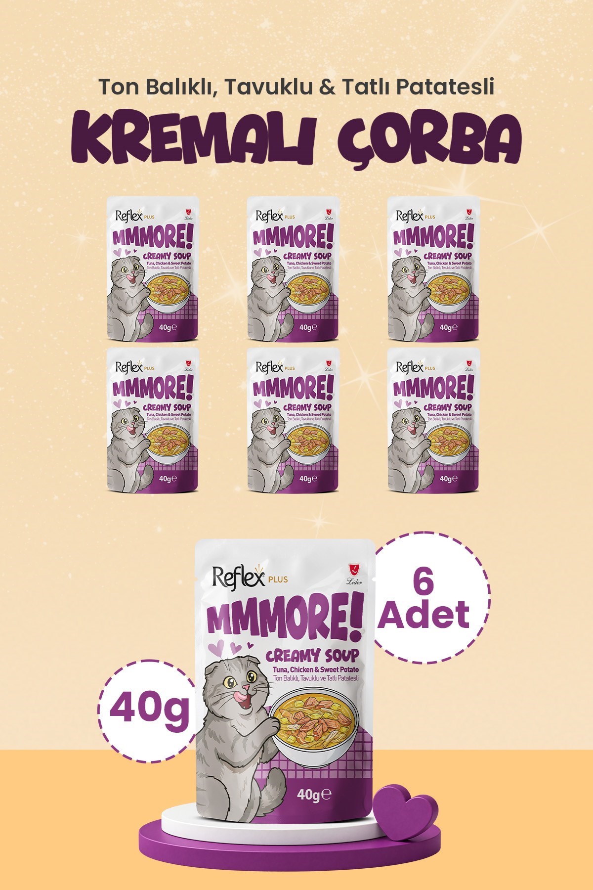 Reflex Plus Mmore Ton Balıklı Tavuklu ve Tatlı Patatesli Kremalı Kedi Çorbası 40 Gr*6lı SET