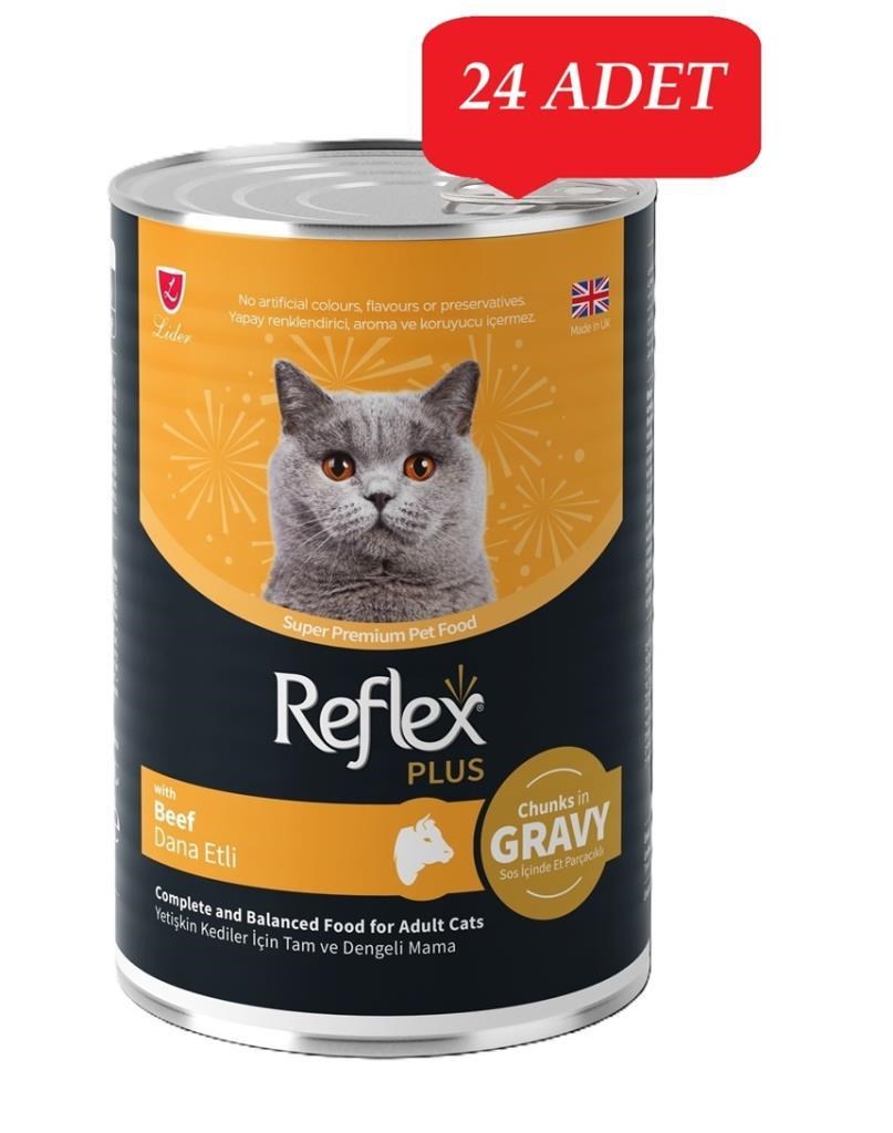 Reflex Plus Sos İçinde Et Parçacıklı Dana Etli Yetişkin Kedi Yaş Konserve Maması 400 X 24 ADET