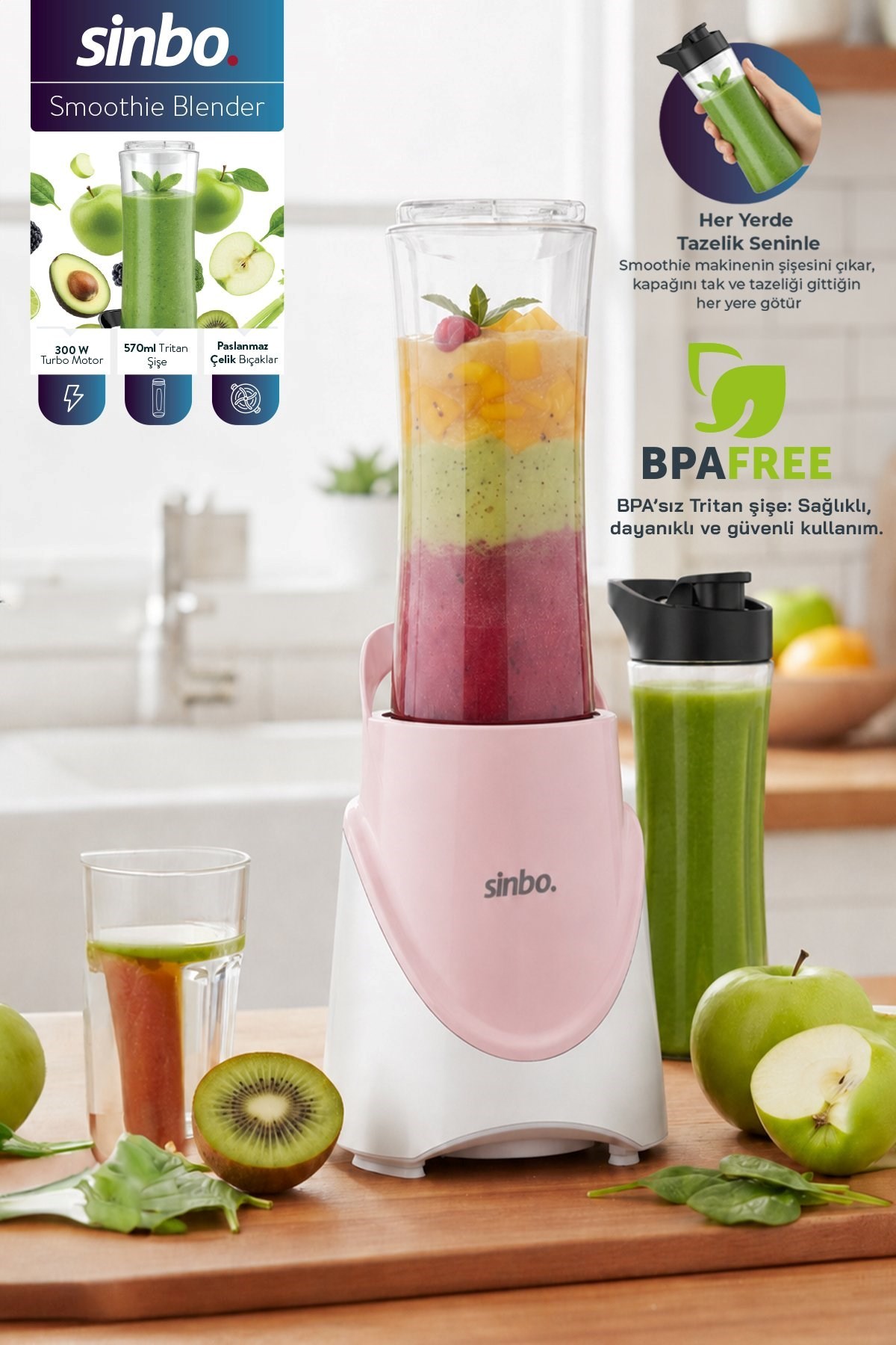 Sinbo SHB-7508 300W Smoothie Blender Paslanmaz Çelik Bıçaklı 570 ml Tritan Sporcu Matarası-Pembe