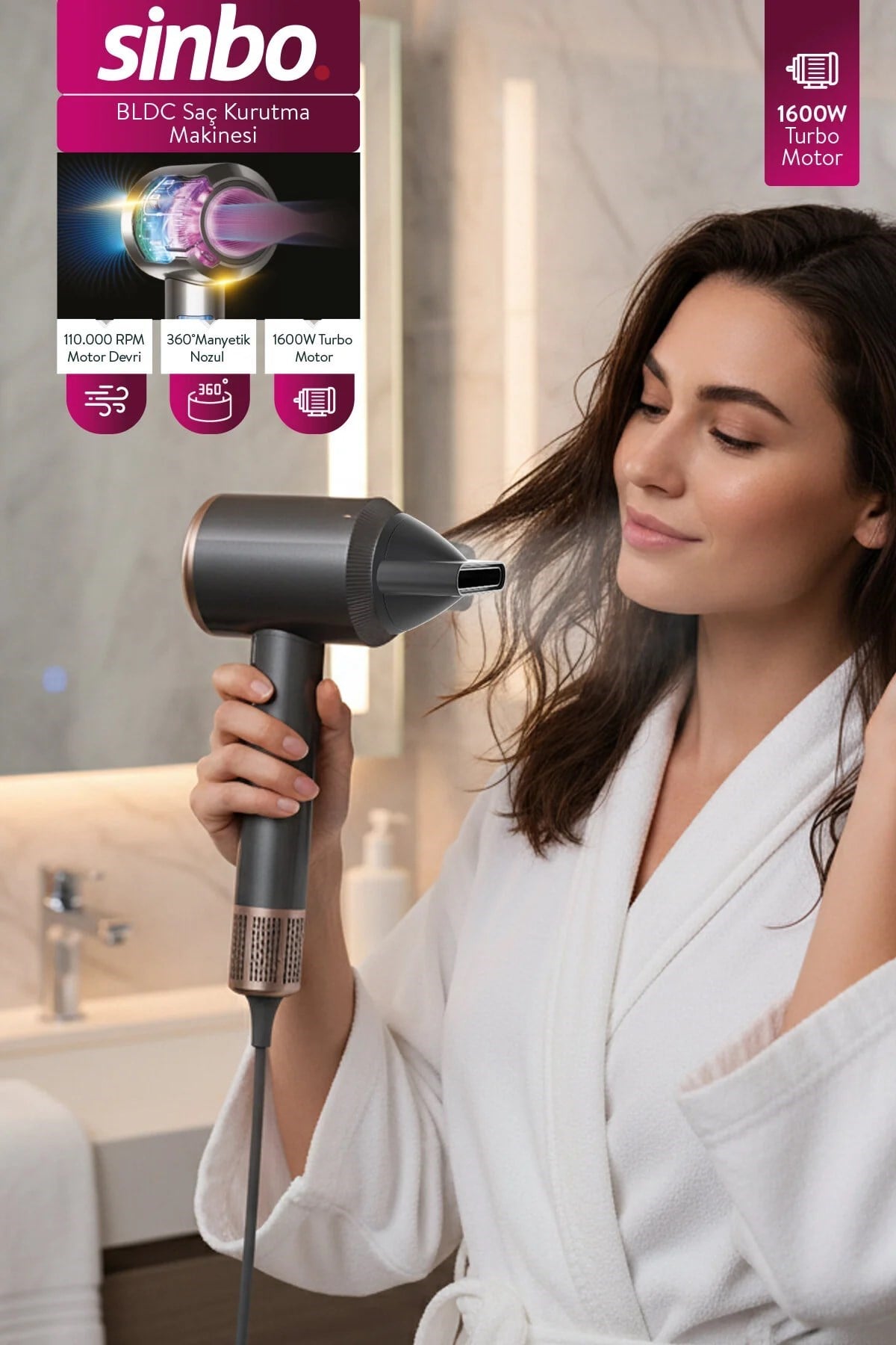 Sinbo SHD 1727 1600W BLDC Saç Kurutma Makinesi Gri 