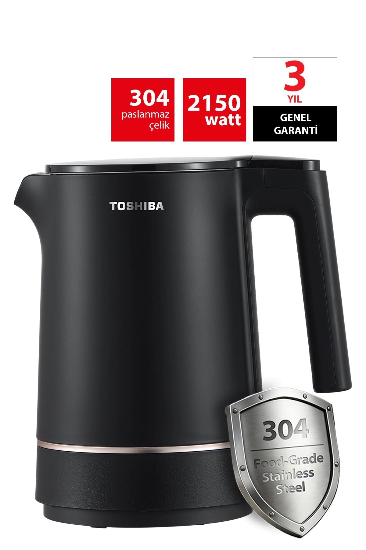 Toshiba Cool Touch Gizli Rezistanslı 1.5 L Siyah Su Isıtıcı Kettle KT-15PS1WCIS(K)
