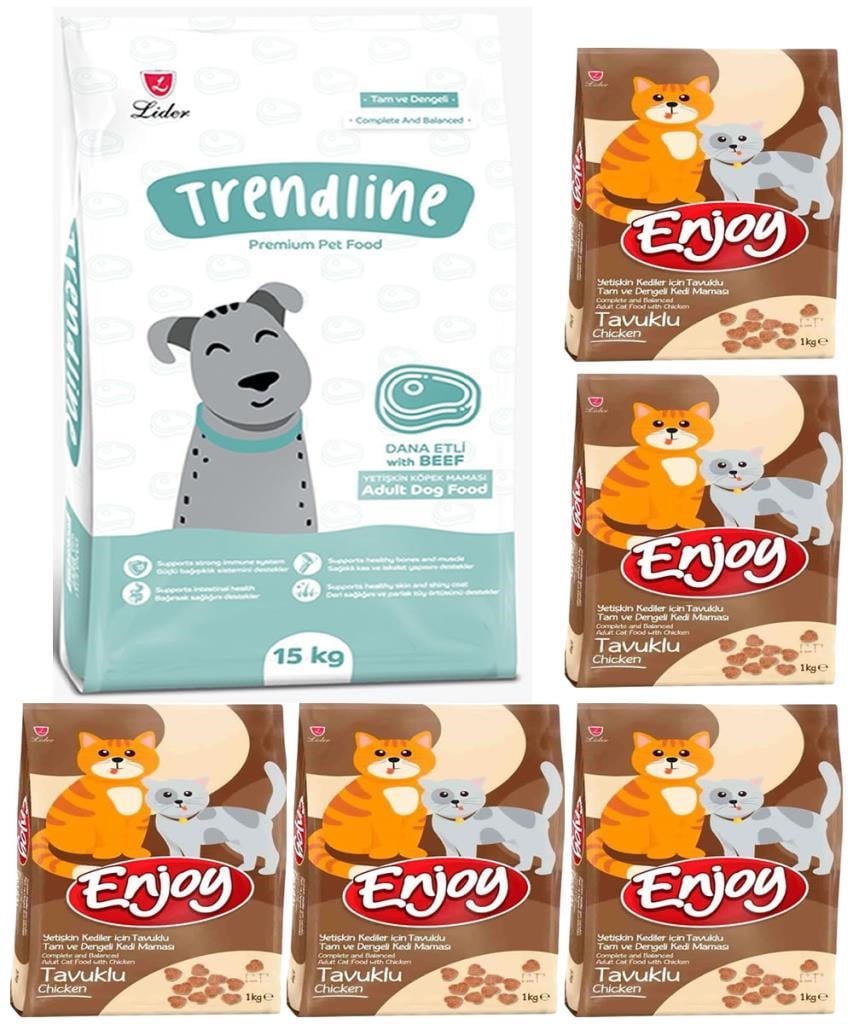 Trendline Dog Biftekli Köpek Maması 15 Kg & Enjoy Tavuk Etli Yetişkin Kedi Maması 1 Kg x 5 adet 