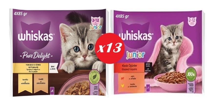 Whiskas Güveç Eti,Sığır ve Tavuk Karışık Yavru Kedi Konserve Karma Set 4*85 Gram 26 Paket 
