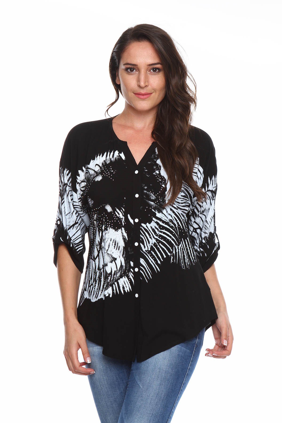 Baskılı Taş Detay Büyük Beden Gömlek Bluz Siyah