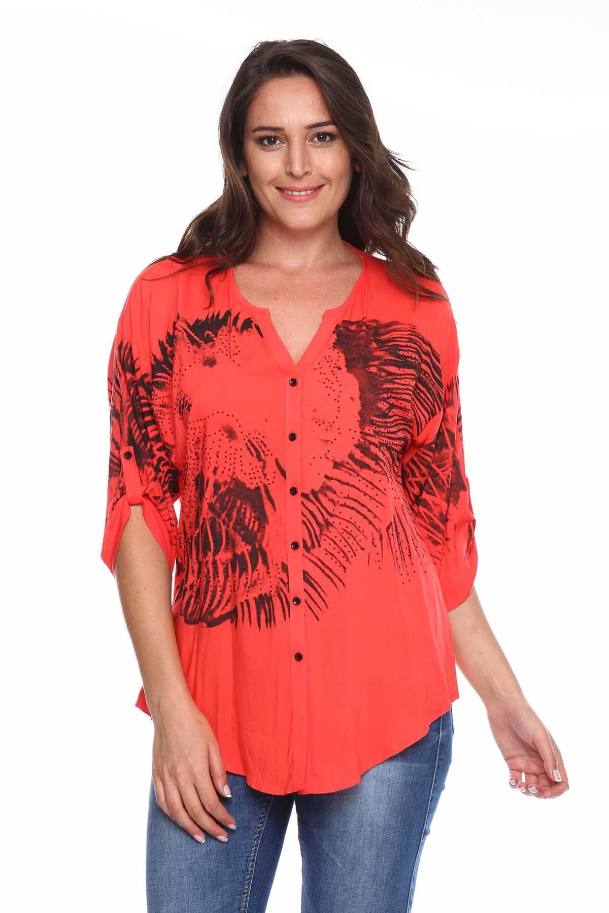 Baskılı Taş Detay Büyük Beden Gömlek Bluz Mercan