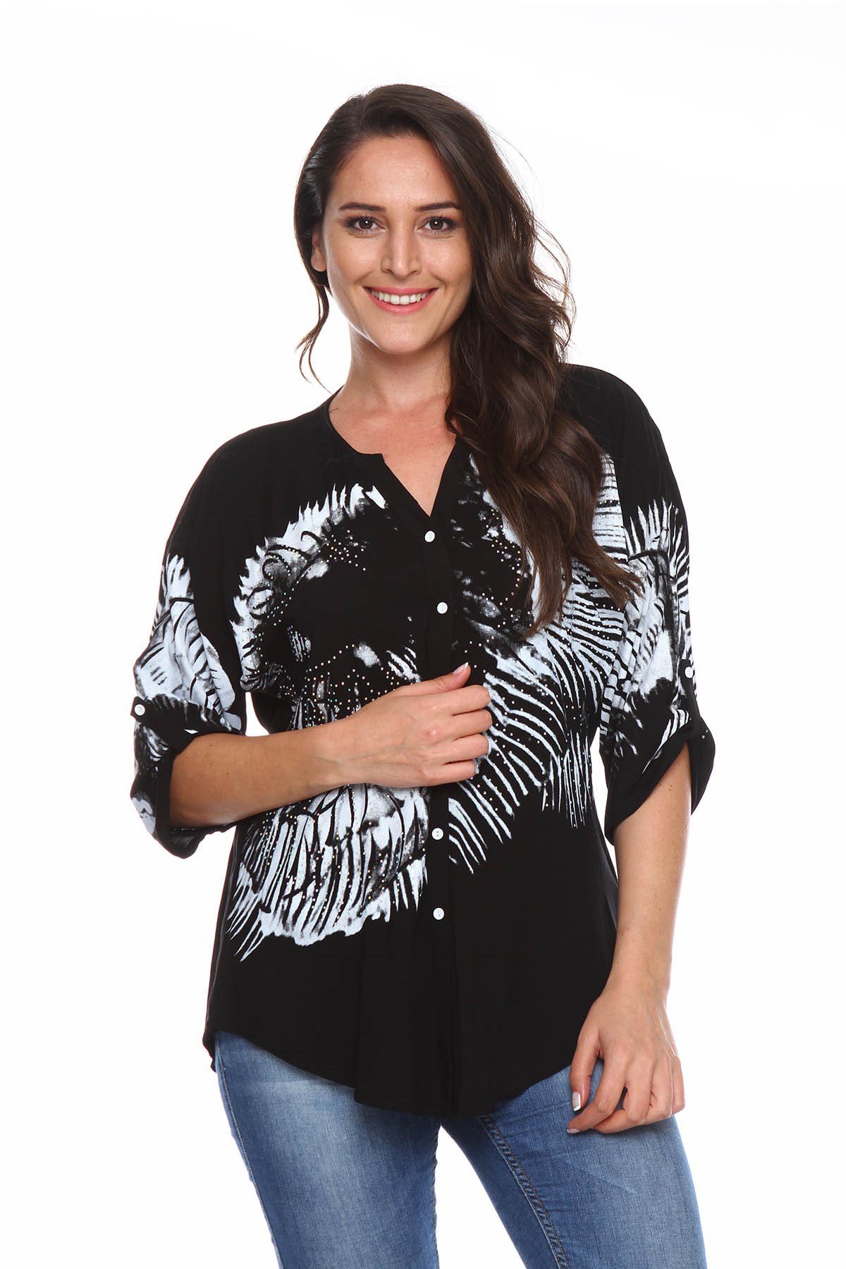 Baskılı Taş Detay Büyük Beden Gömlek Bluz Siyah