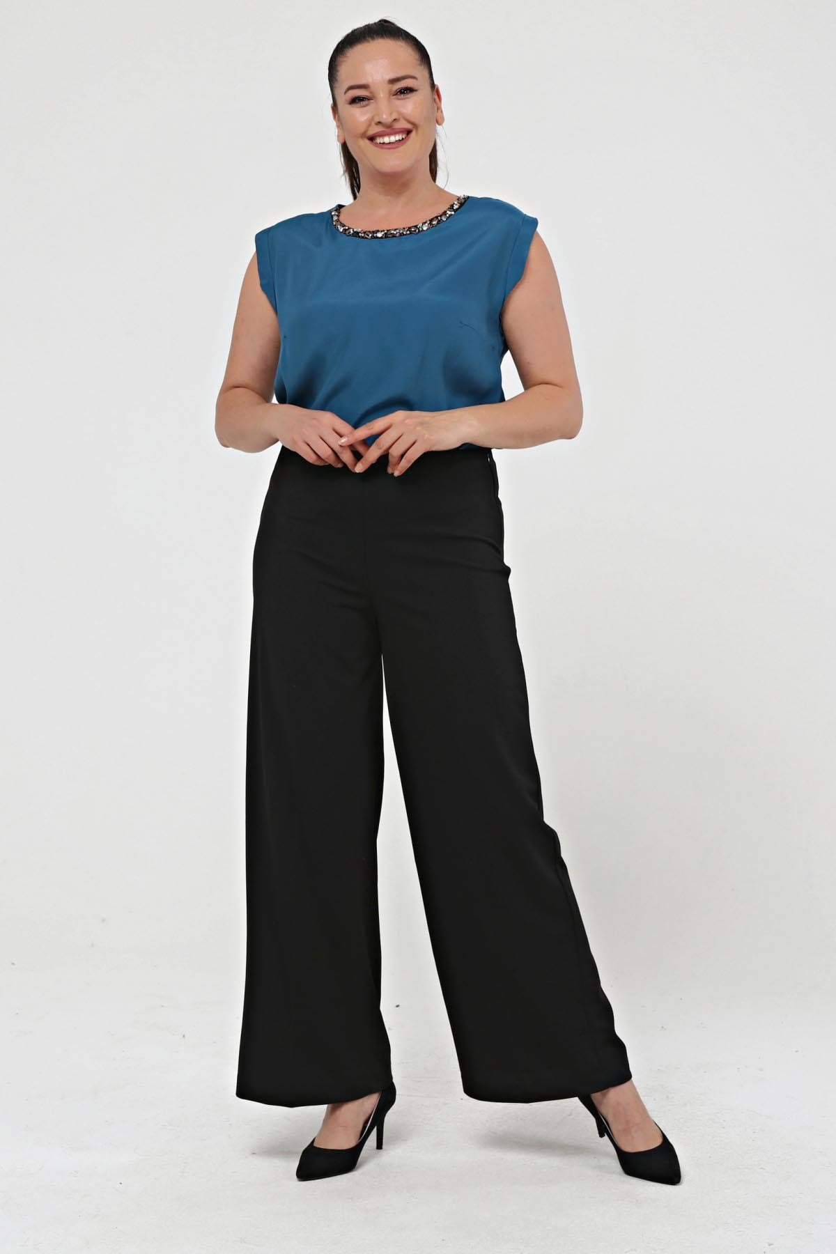 Bol Paça Büyük Beden Krep Pantolon Siyah