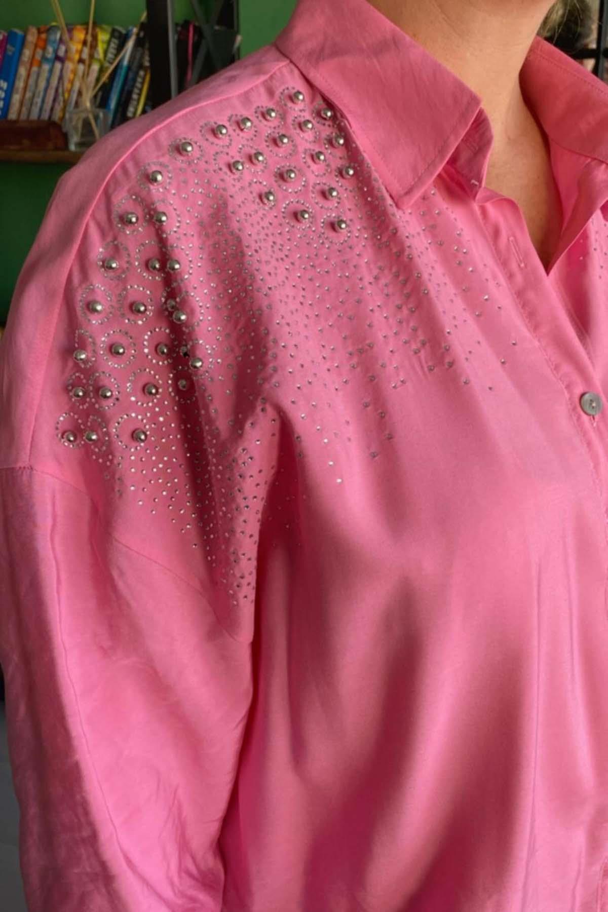Boncuk İşlemeli Aerobin Gömlek Büyük Beden Pembe